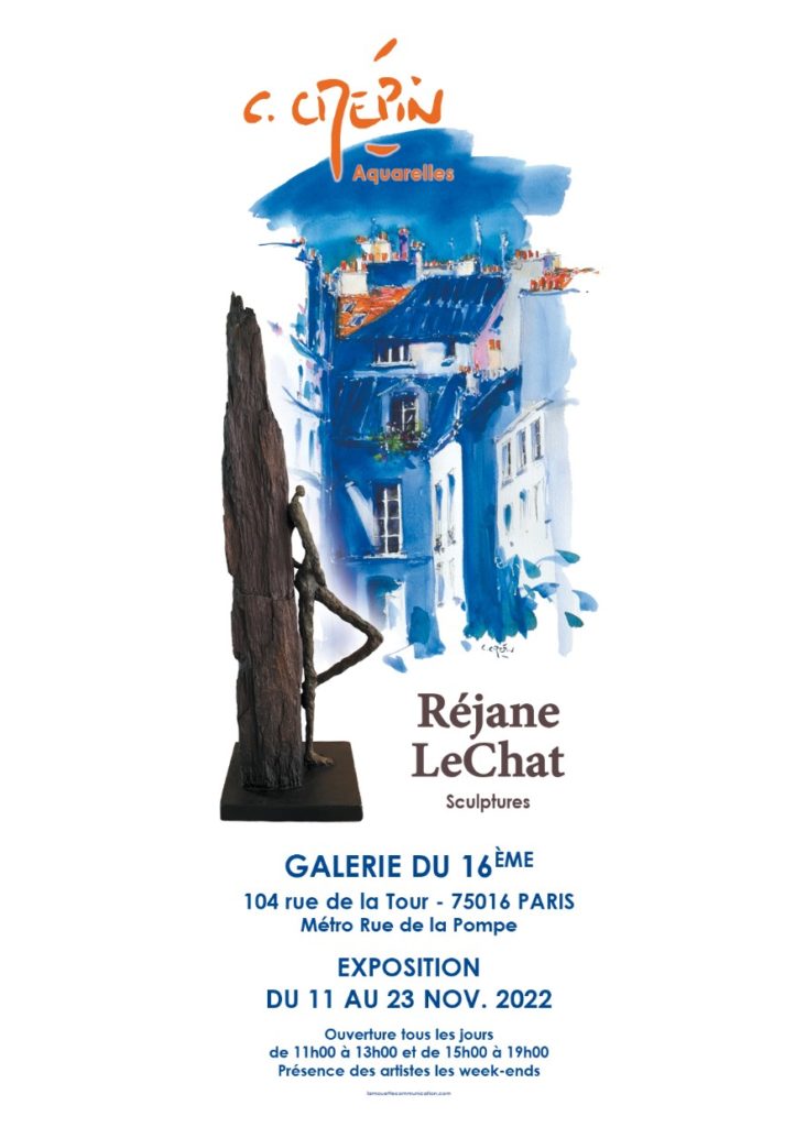 du 11 au 23 novembre 2022, je vous invite à venir visiter la Galerie, 104 rue de la tour à Paris où j'expose des sculptures avec les aquarelles de mon ami Christophe Crépin